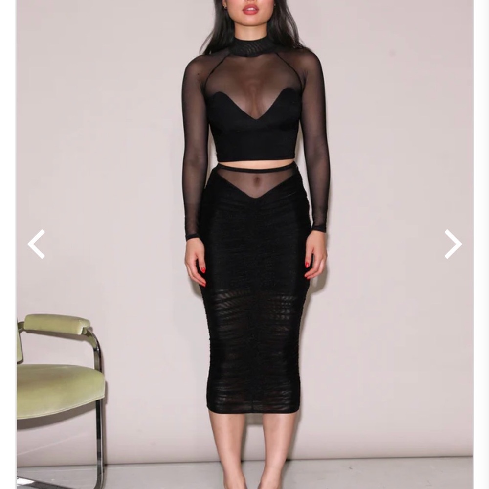 NWT Fleur du Mal Black Ruched Mesh Midi Skirt Size XS Retail $395